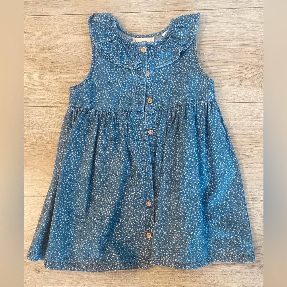 Mango Denim Blue Kids Dress with Floral Print